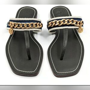 Tory Burch Designer Mini Benton Chain Band Webbing Thong Sandals size 6